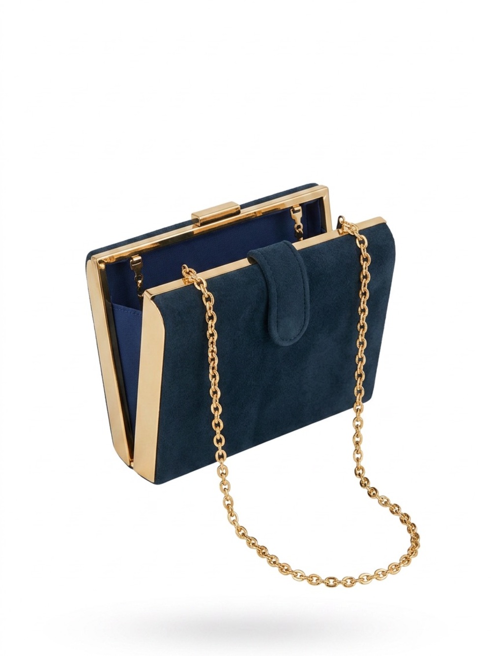 VINTAGE Navy Suede Evening Clutch with Gold Chain